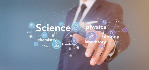 Businessman holding Science icons and title 