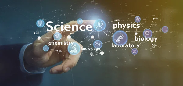 Affärs man innehar Science ikoner och titel — Stockfoto