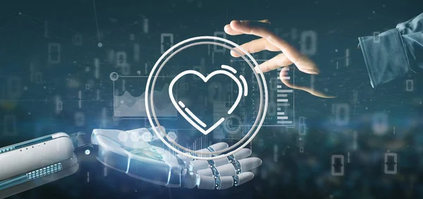 Cyborg mão segurando um ícone do coração cercado por dados — Fotografia de Stock