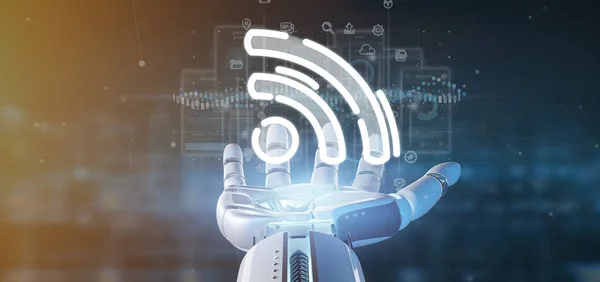 Cyborg mão segurando um ícone wifi com dados ao redor — Fotografia de Stock