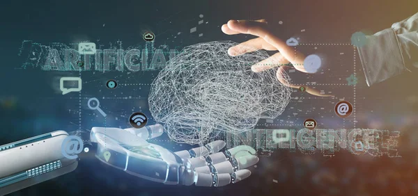 Cyborg hand holding a artificial intelligence concpt with a brai — Stock Photo, Image