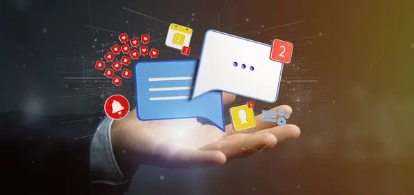 Affärsman holding meddelande och anmälningar av sociala medier 3d — Stockfoto