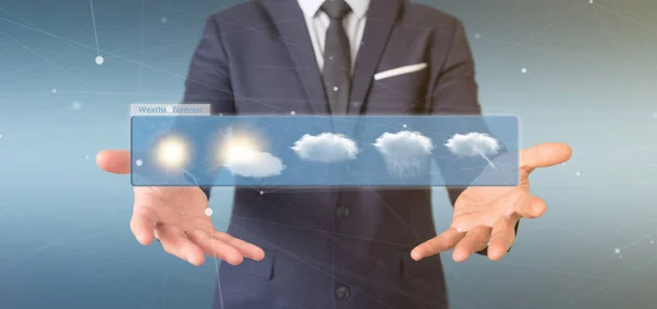 Affärsman som innehar en väderprognos widgeten 3d rendering — Stockfoto