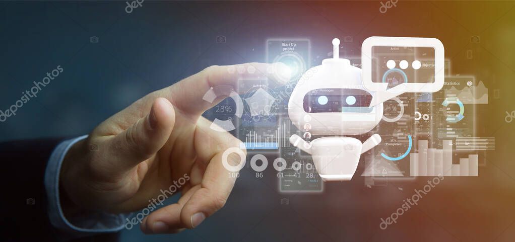View of Businessman holding Chatbot with binary code, message and data 3d rendering
