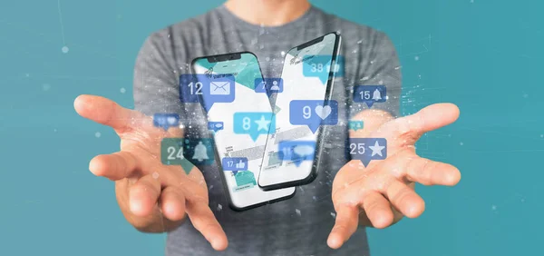 Businessman holding Social network notifications - 3d rendering