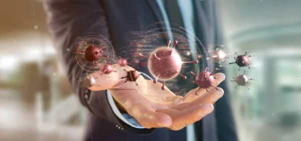 Pengusaha yang memegang sekelompok sel virus merah - 3d rendering — Stok Foto
