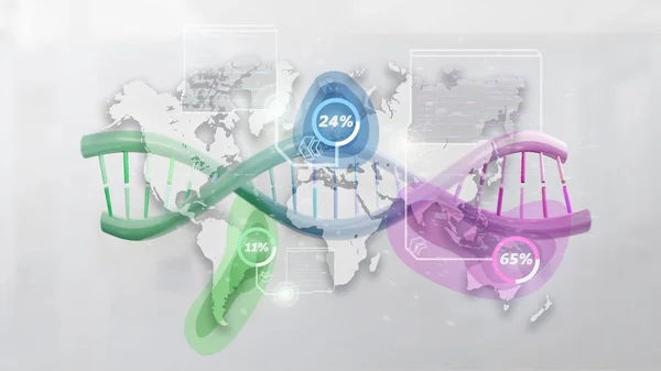 DNA over a world map with geographic localization - genealogy co — Stock Photo, Image