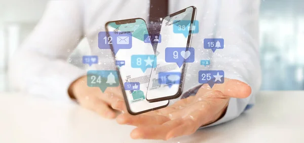 Affärsman som innehar anmälningar om sociala nätverk - 3D-konvertering Stockbild