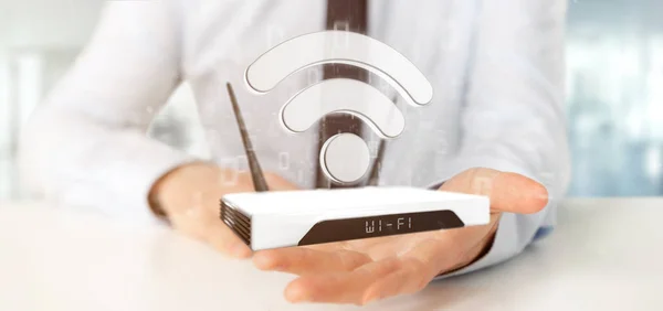 Empresario sosteniendo un router Wifi y datos - 3d renderizado Imagen de stock