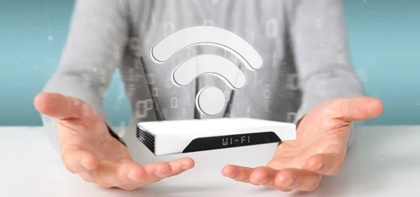 Bir Wifi yönlendirici ve veri taşıyan bir işadamı - 3D görüntüleme Telifsiz Stok Imajlar