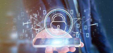 Güvenlik asma kilit tekerlek simgesi ile durum ve b tutan işadamı