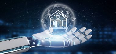 Cyborg holding akıllı ev arabirimi simgesi, İstatistiklerimiz ve verilerimiz 3d
