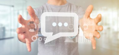 Arka planda verilerle ileti simgesi tutan bir Işadamı görünümü-3B işleme