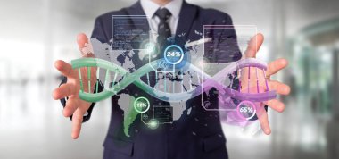 Dünya haritası üzerinde coğrafi bölge üzerinde DNA 'sı olan bir iş adamı