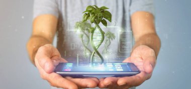 Businessman holding a DNA growing as a plant - 3d rendering