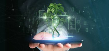 Businessman holding a DNA growing as a plant - 3d rendering