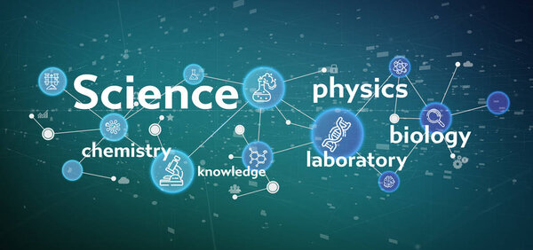 Science icons and title on a color background