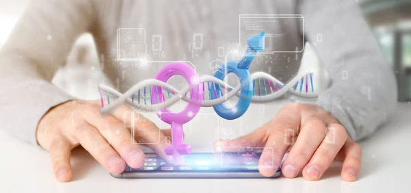 Businessman holding a DNA with data and male and female symbol - — Stock Photo, Image