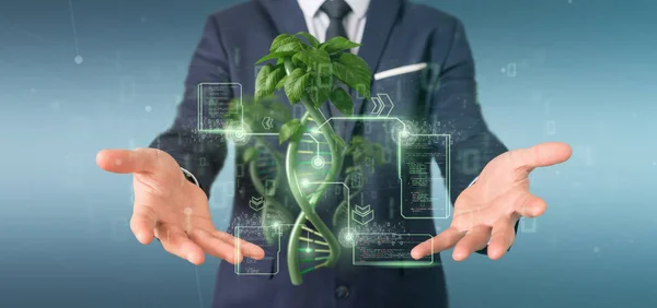 Empresário segurando um DNA crescendo como uma planta - renderização 3d — Fotografia de Stock