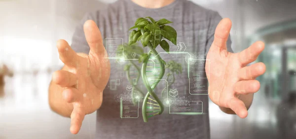 Empresario sosteniendo un ADN creciendo como planta - 3d rendering — Foto de Stock