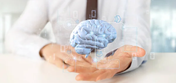 Uomo d'affari in possesso di un cervello artificiale Intelligence con dati  - — Foto Stock