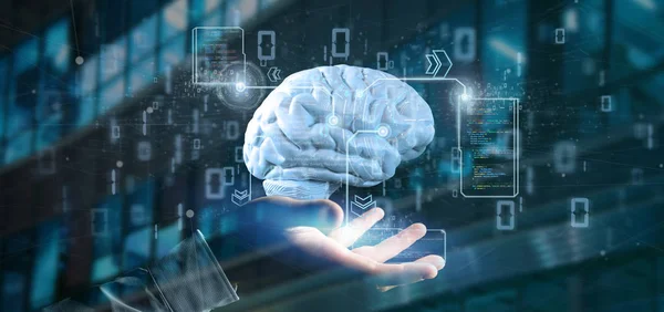 Empresário segurando um cérebro artificial de Inteligência com dados  - — Fotografia de Stock