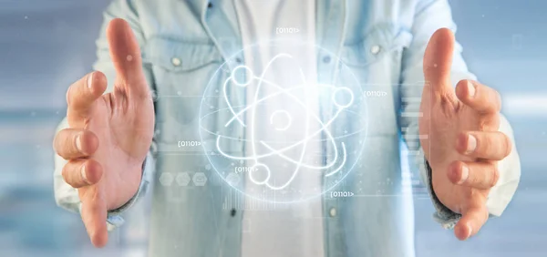 Geschäftsmann mit einer Atom-Ikone umgeben von Daten Stockfoto