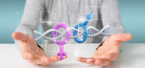 Affärsman som innehar en DNA med data och manlig och kvinnlig symbol - Royaltyfria Stockbilder