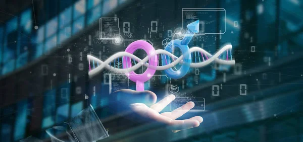 Uomo d'affari in possesso di un DNA con dati e simbolo maschile e femminile  - Foto Stock