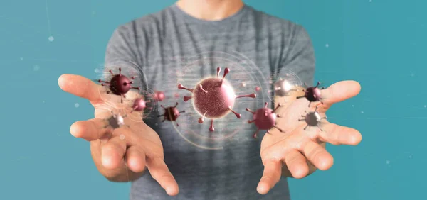Üzletember kezében egy csoport vörös vírus sejt - 3d renderelés — Stock Fotó