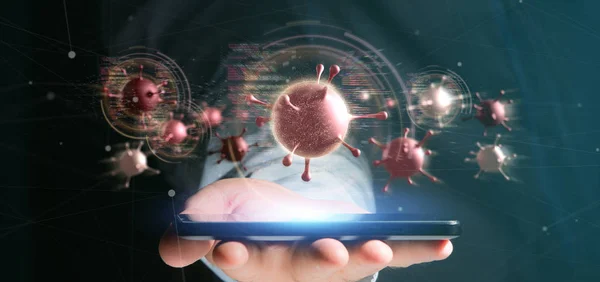 Affärsman som innehar en grupp röda virusceller - 3D-rendering Stockbild