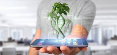 Businessman holding a DNA growing as a plant - 3d rendering