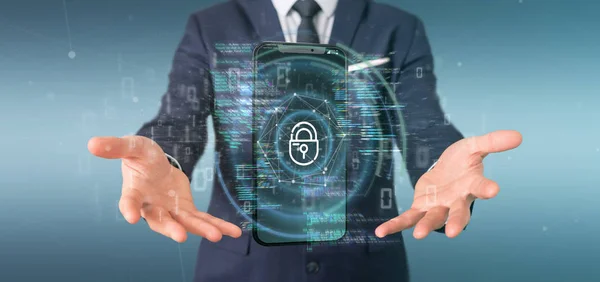 Businessman holding Security data and smartphone security - 3d r — 스톡 사진