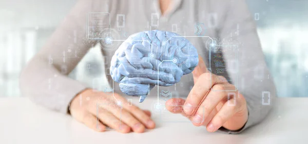 Uomo d'affari in possesso di un cervello artificiale Intelligence con dati  - — Foto Stock