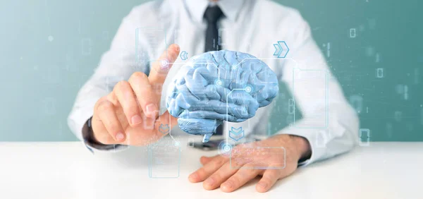 Uomo d'affari in possesso di un cervello artificiale Intelligence con dati  - — Foto Stock