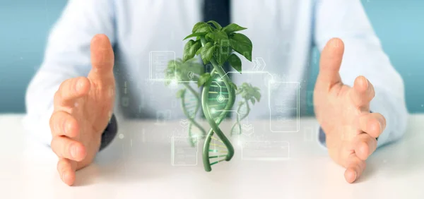 Empresario sosteniendo un ADN creciendo como planta - 3d rendering — Foto de Stock
