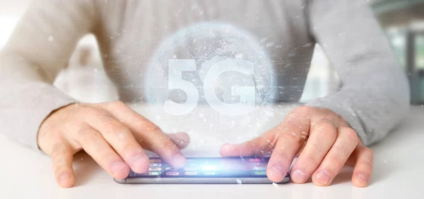 Affärsman som har en 5g anslutning till data som omger - 3d r — Stockfoto