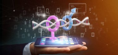 Elinde veri ve kadın ve erkek sembolü olan bir DNA tutan bir iş adamı. -