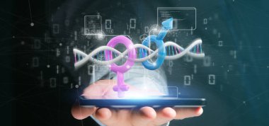Elinde veri ve kadın ve erkek sembolü olan bir DNA tutan bir iş adamı. -
