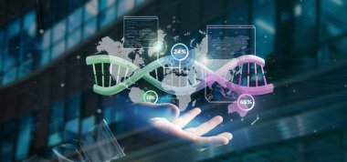 Dünya haritası üzerinde coğrafi bölge üzerinde DNA 'sı olan bir iş adamı