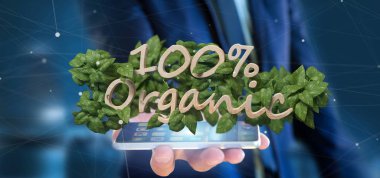 Ahşap bir logo % 100 organik ile tutan işadamı arou bırakır
