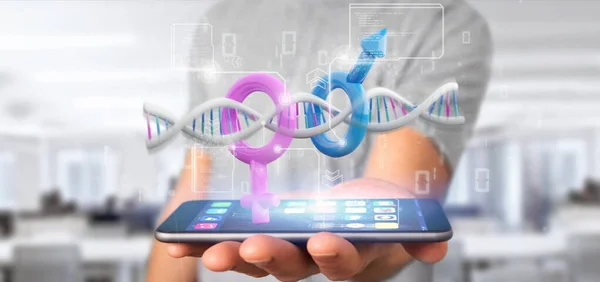 Businessman holding a DNA with data and male and female symbol - — Stock Photo, Image