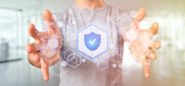 Bir kalkan web güvenlik kavramı 3d render tutan bir adam görünümü