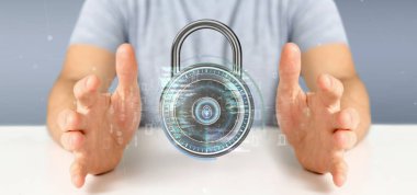 Elinde asma kilit ve güvenlik verisi olan bir iş adamının görüntüsü - 3D görüntüleme