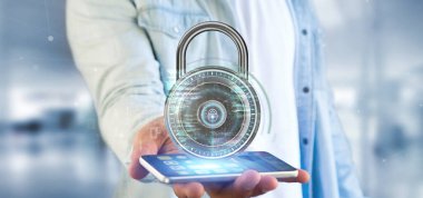 Elinde asma kilit ve güvenlik verisi olan bir iş adamının görüntüsü - 3D görüntüleme