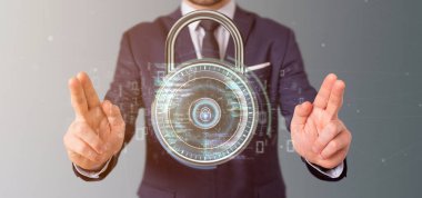 Elinde asma kilit ve güvenlik verisi olan bir iş adamının görüntüsü - 3D görüntüleme