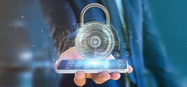 Elinde asma kilit ve güvenlik verisi olan bir iş adamının görüntüsü - 3D görüntüleme