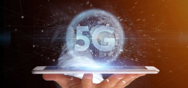 Çevresindeki verilerle 5G bağlantısı olan bir iş adamının görüntüsü - 3D görüntüleme