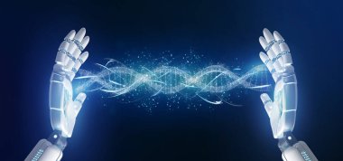 Bir Dna şube 3d render tutan bir Cyborg el görünümünü
