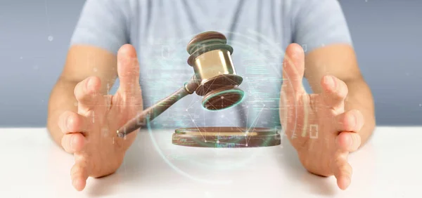 Zicht Van Een Zakenman Met Een Justice Hamer Gegevens Rendering — Stockfoto